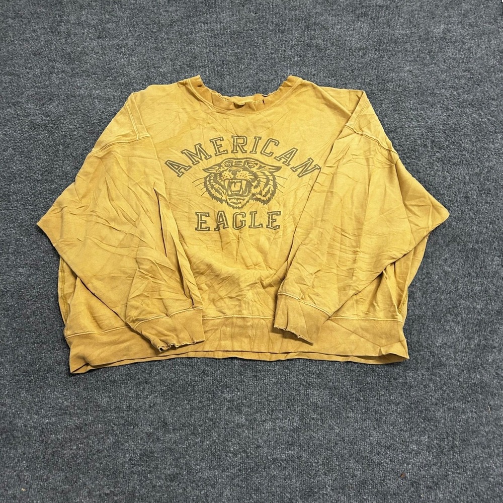 American Eagle Sweatshirt Womens XXL Yellow Tiger Graphic Distressed Oversized